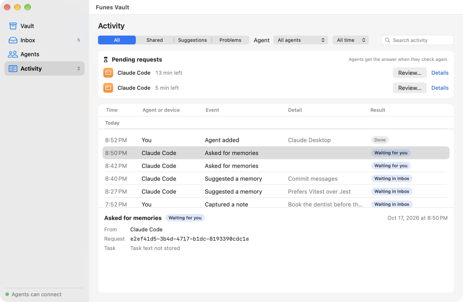 The Activity log listing requests, decisions and releases by agent.