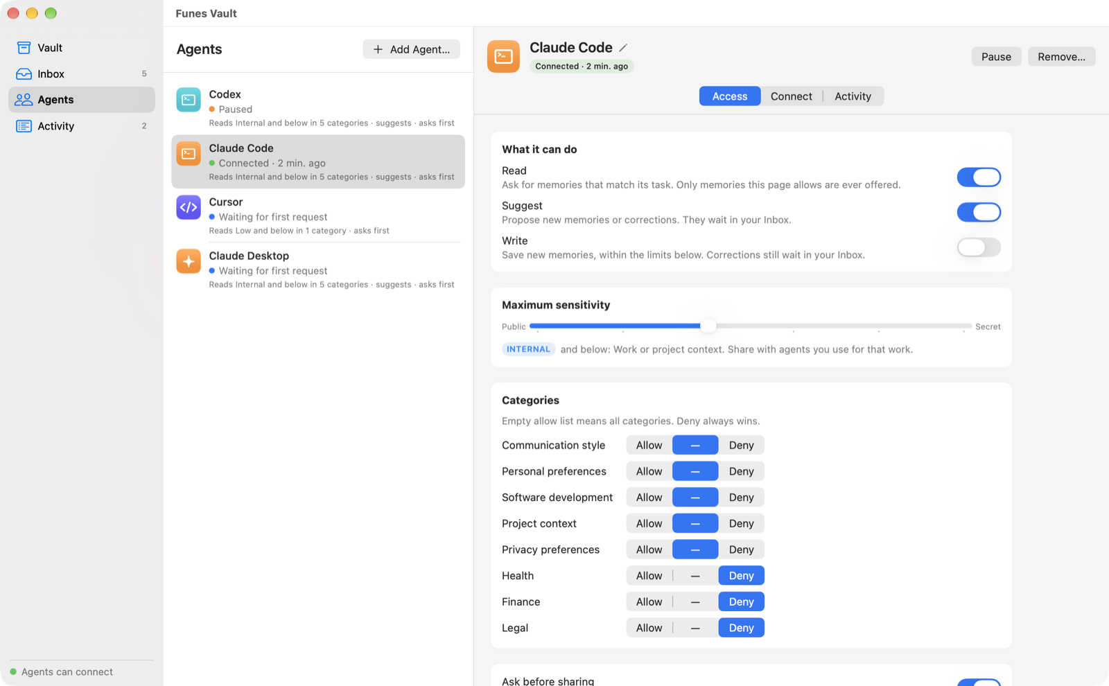 An agent's access settings: operations, sensitivity ceiling, categories and expiry.