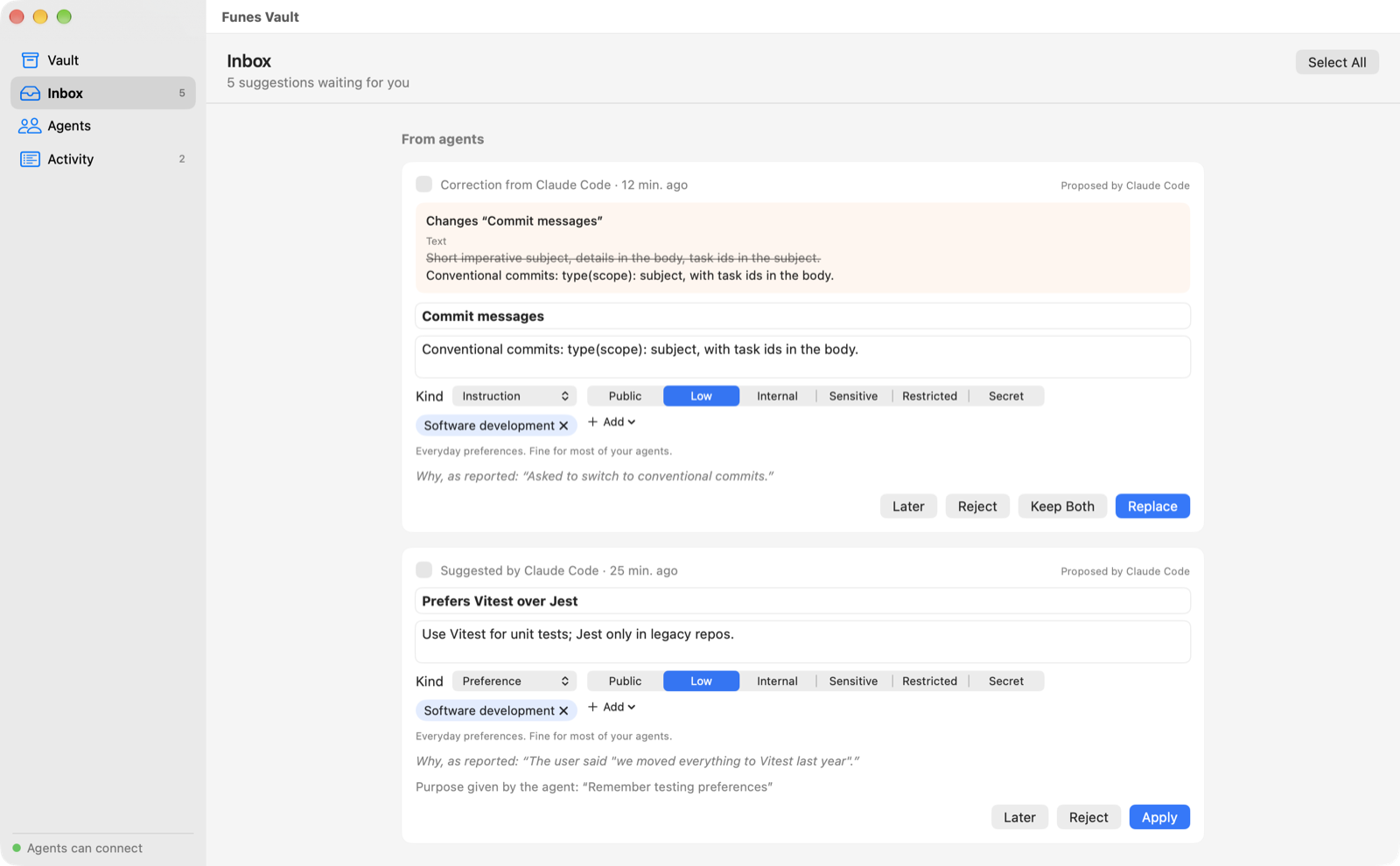 The Inbox with captures and agent suggestions waiting for review.